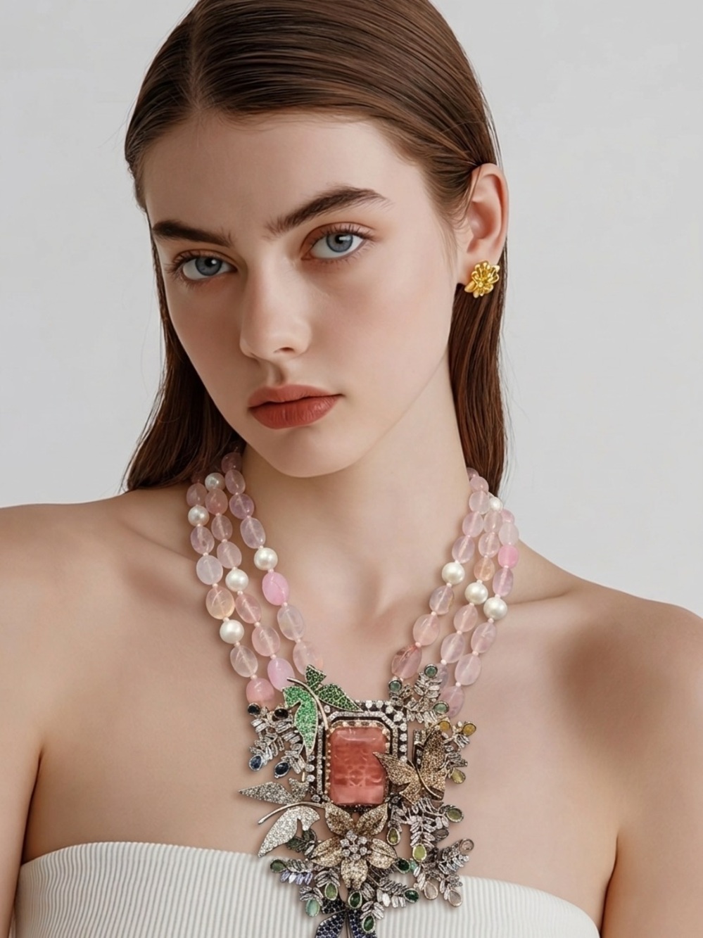 Beautiful Pink Beaded Statement Necklace with Floral Pendant